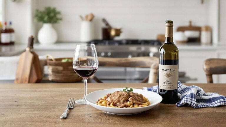 Marsala Wine with a plate of Veal Marsala