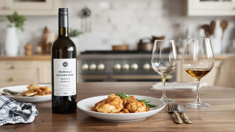 Marsala Wine with a plate of chicken Marsala