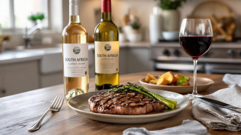 South African wine and a plate of steak with grilled asparagus and roasted red potatoes
