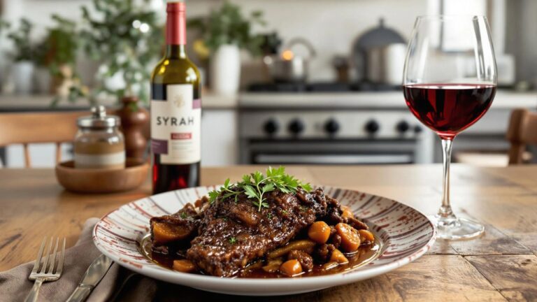 syrah wine wine and a plate of Braised beef shortribs