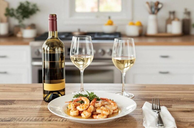 white Wine with a plate of grilled shrimp